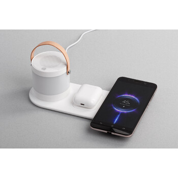 Настольная беспроводная (15W) зарядная станция "Smart Home" с bluetooth колонкой-лампой